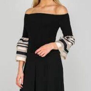 JOSEPH RIBKOFF BLACK BEIGE MESH TEE STRIPED BELL SLEEVE TOP - 8